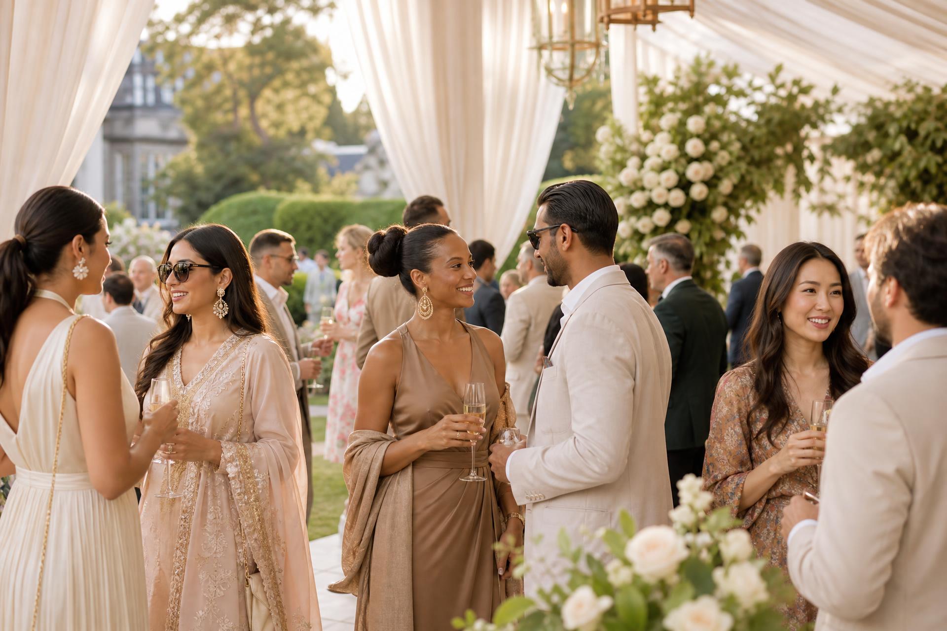 Elegant multicultural garden event in the United Kingdom with diverse guests